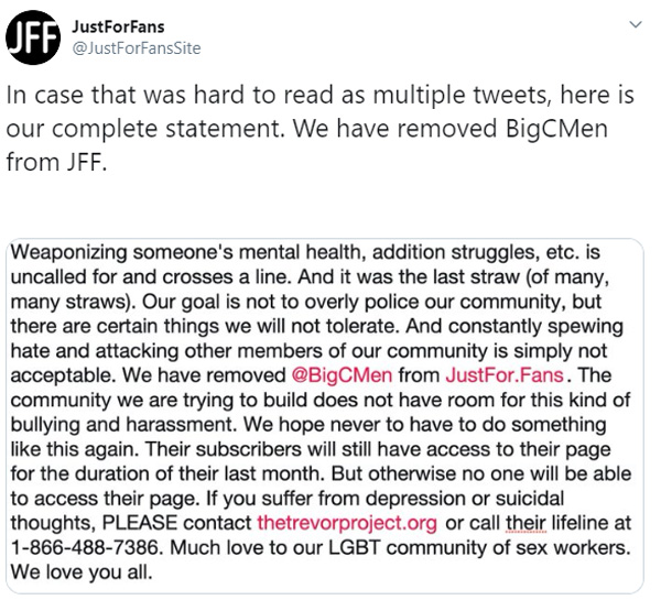 JustFor.Fans terminates BigCMen account after bullying, harassment and spreading hate